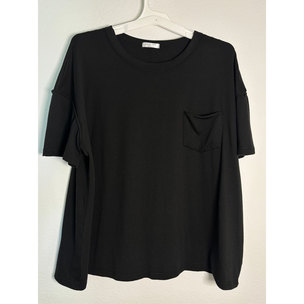 Ekouaer Womens XL Black Oversized Pocket T-Shirt Short Sleeve Loungewear Tee